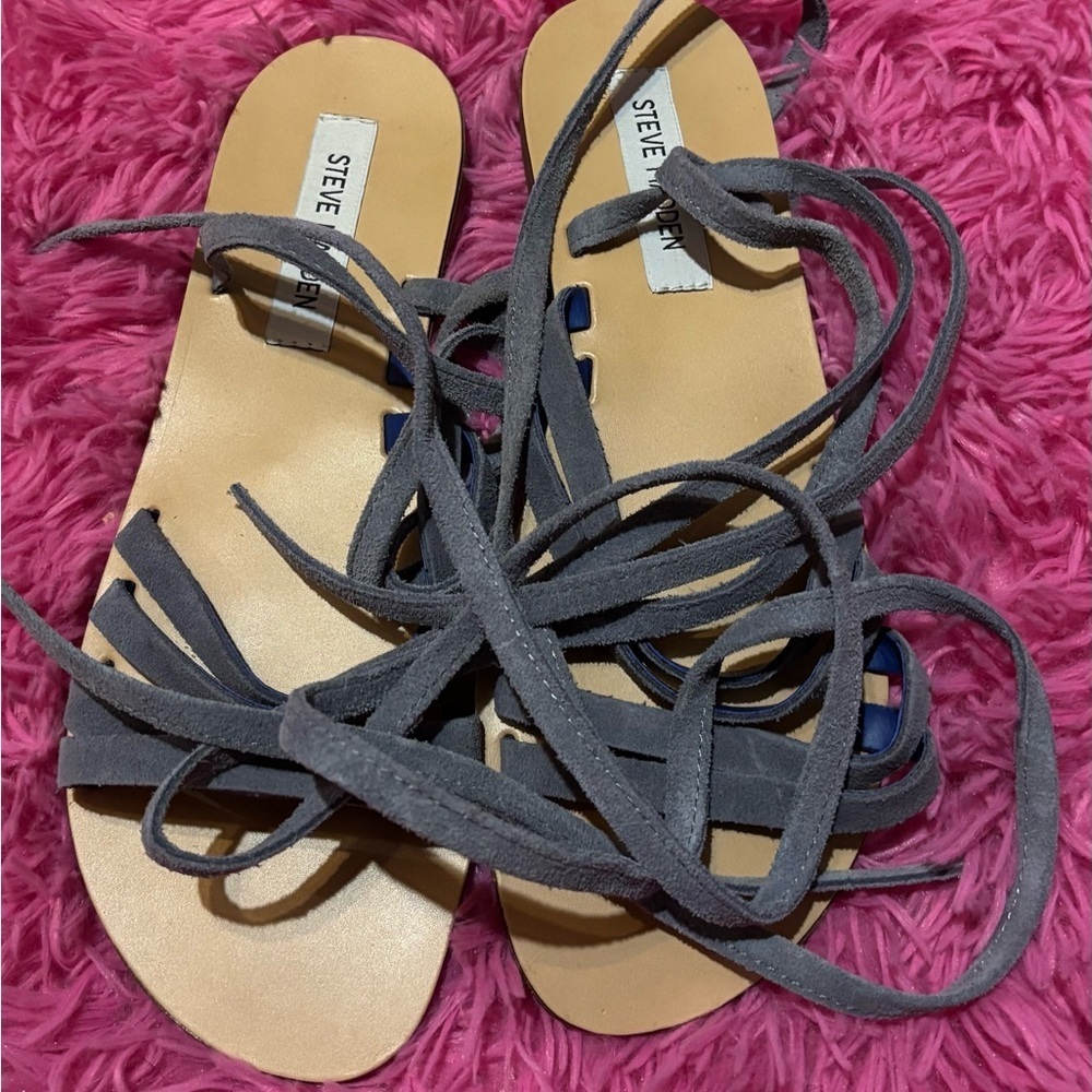 Steve Madden Suede Open Toe Ankle Tie Up Blue Sandals Women Size 9 - Picture 5 of 7